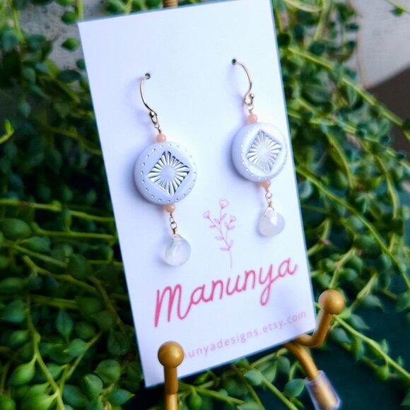 Boho Semi-Precious Stone Dangle Earrings - White, Blue, Purple - Picture 2 of 10